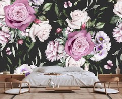 Seamless Pattern of Flowers and Exotic Leaves on a Black Background. Floral R…