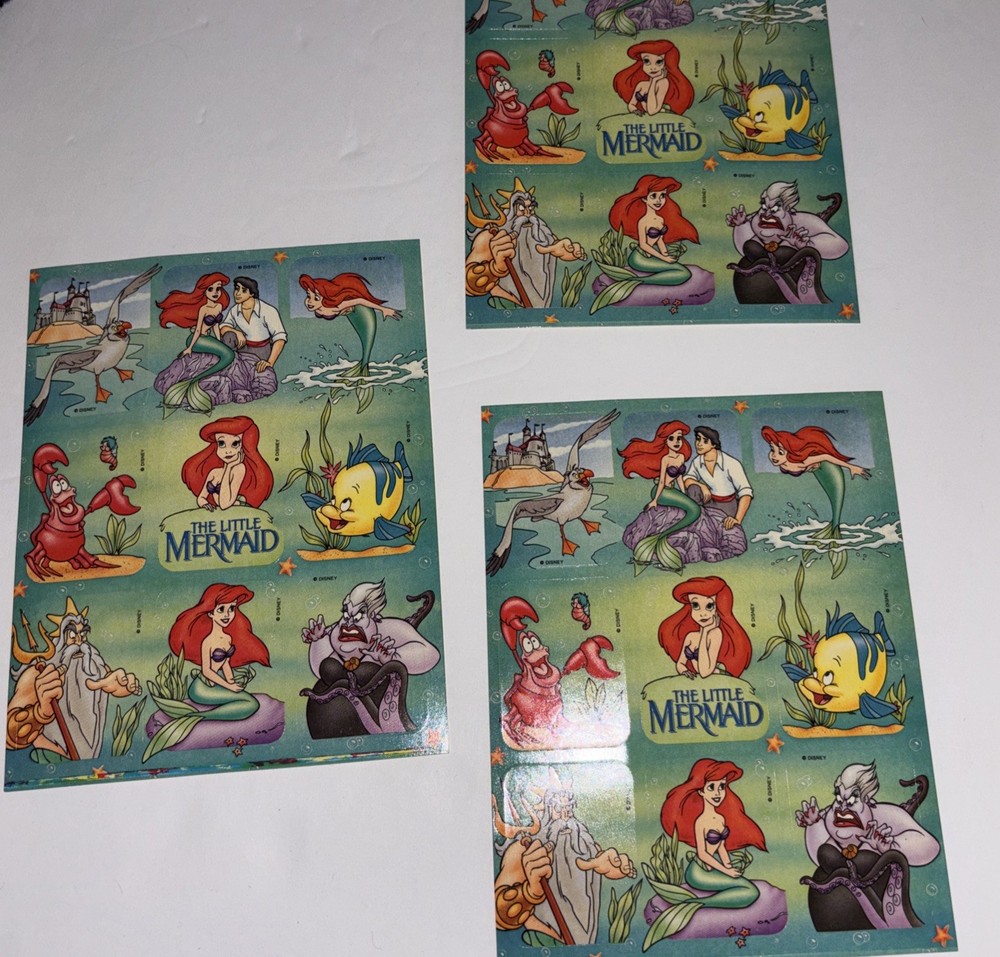 Vintage 1980’s The Little Mermaid stickers sheets Lot Of 3 -27 Total Stickers