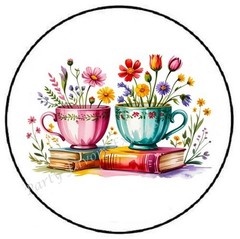 WATERCOLOR TEA CUPS BOOKS READING ENVELOPE SEALS LABELS STICKERS PARTY FAVORS