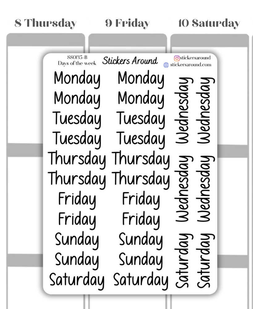 Black Days of the Week Script Planner Sticker, Journaling Stickers