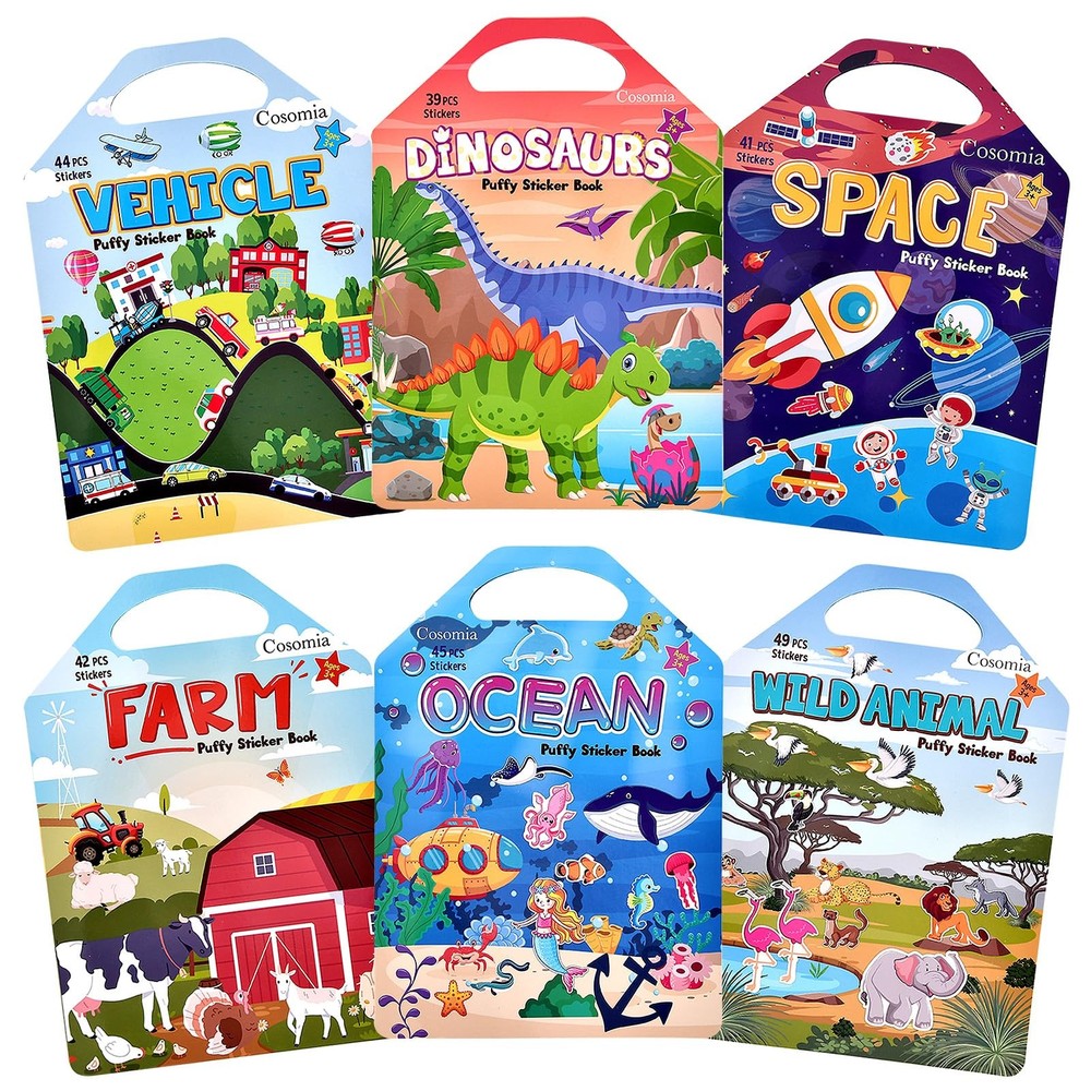 6 Set (260pcs) Puffy Sticker Books Activity for , Animal, Farm, Dinosaurs, Sp…