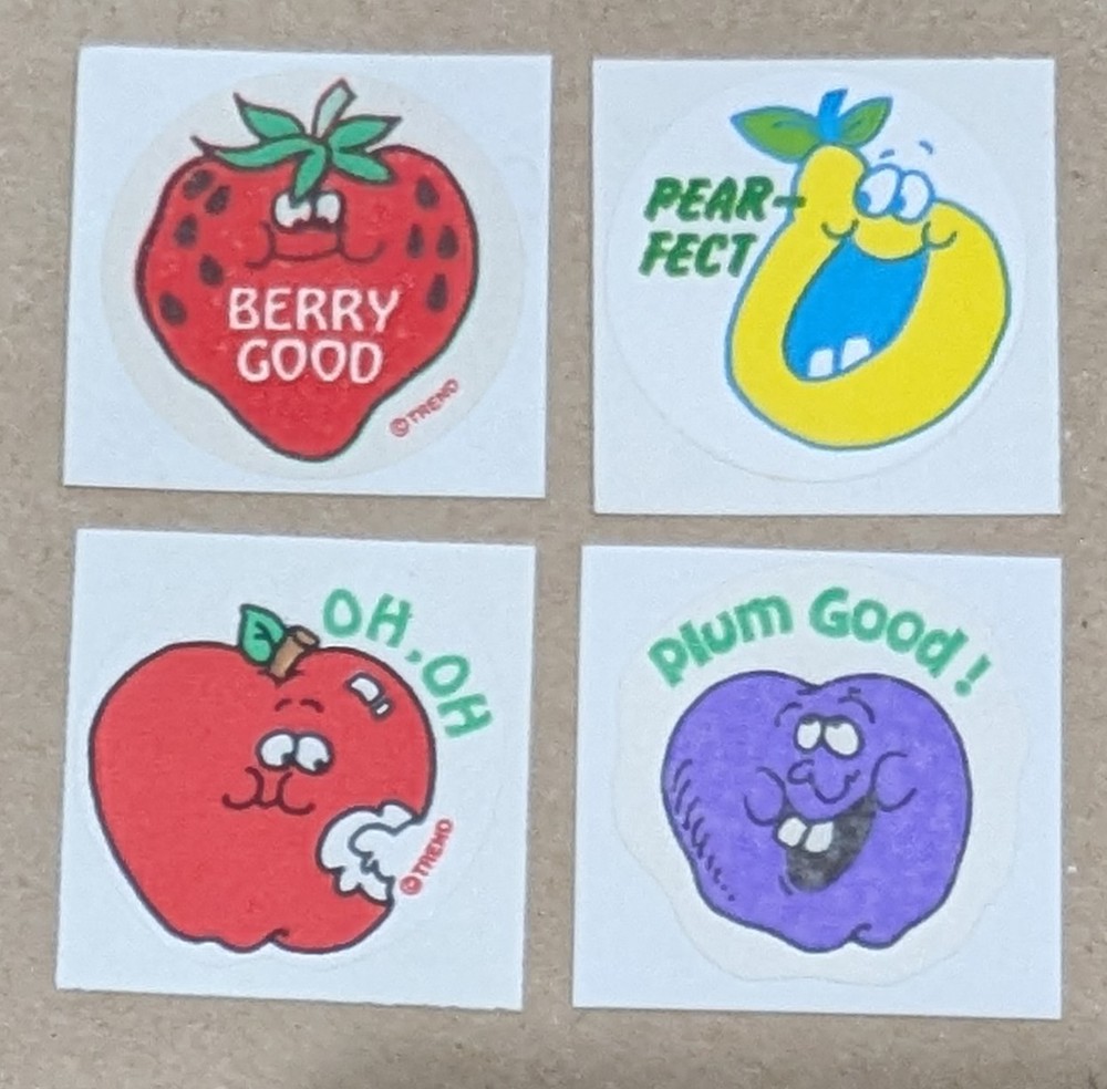 Vtg Matte Trend Strawberry Pear Apple Plum Scratch & Sniff Stickers Set of 4