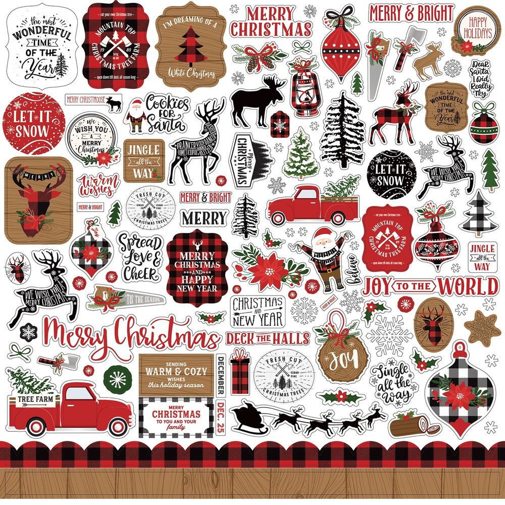 (1) 12×12 Sheet of Echo Park Paper A LUMBERJACK CHRISTMAS Scrapbook Stickers