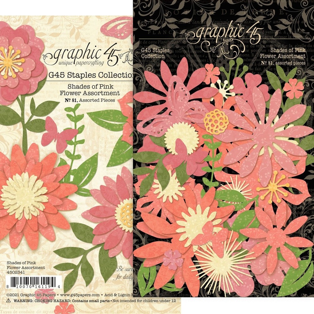 GRAPHIC 45 – STAPLES COLLECTION FLOWER ASSORTMENT – SHADES OF PINK – 81 PIECES