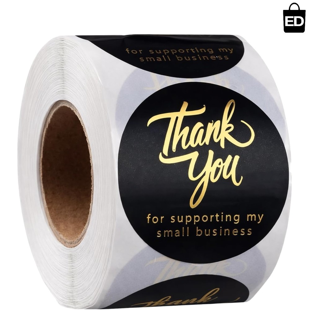 500 Count Black & Gold Foil Stickers – Durable & Stylish for Packaging & Gifts