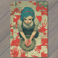 STICKER Girl Blue Hair Bloody Hands Red Handprints Tiles Bucket Horror Mood