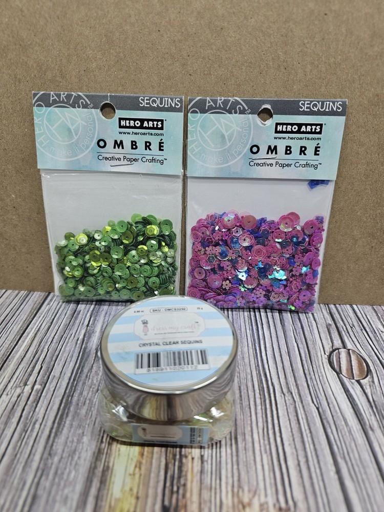 lot of 3 Dress my Craft Crystal Clear & Hero Arts OMBRE SEQUINS (green, purple)