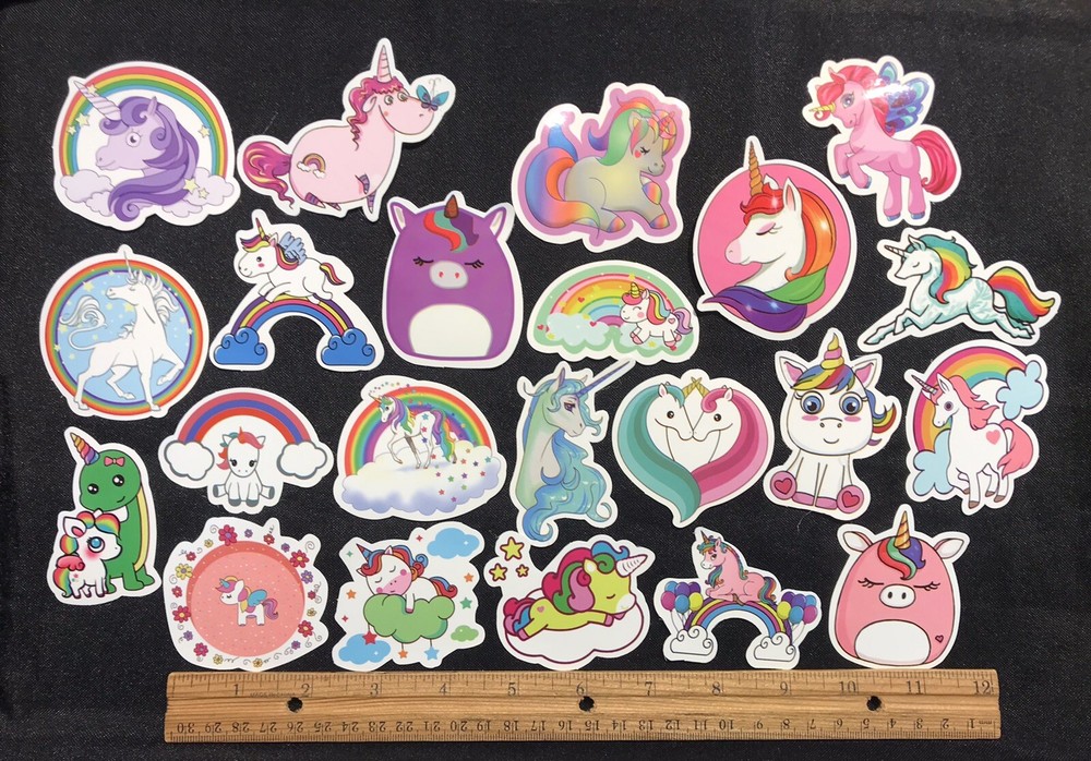 🌈LOT of 5 RAINBOW UNICORN stickers cartoon fantasy happy clouds hearts FUN
