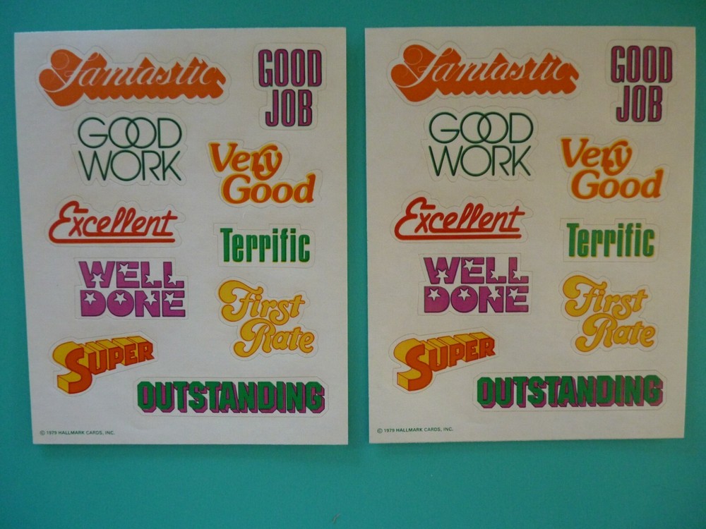 Vtg 1979 Hallmark Stickers WORDS & PHRASES (2) Complete Sheets Retro Fonts