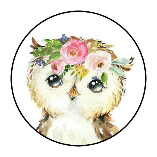 30 1.5″ OWL GIRL FLOWERS FAVOR LABELS ROUND STICKERS ENVELOPE SEALS