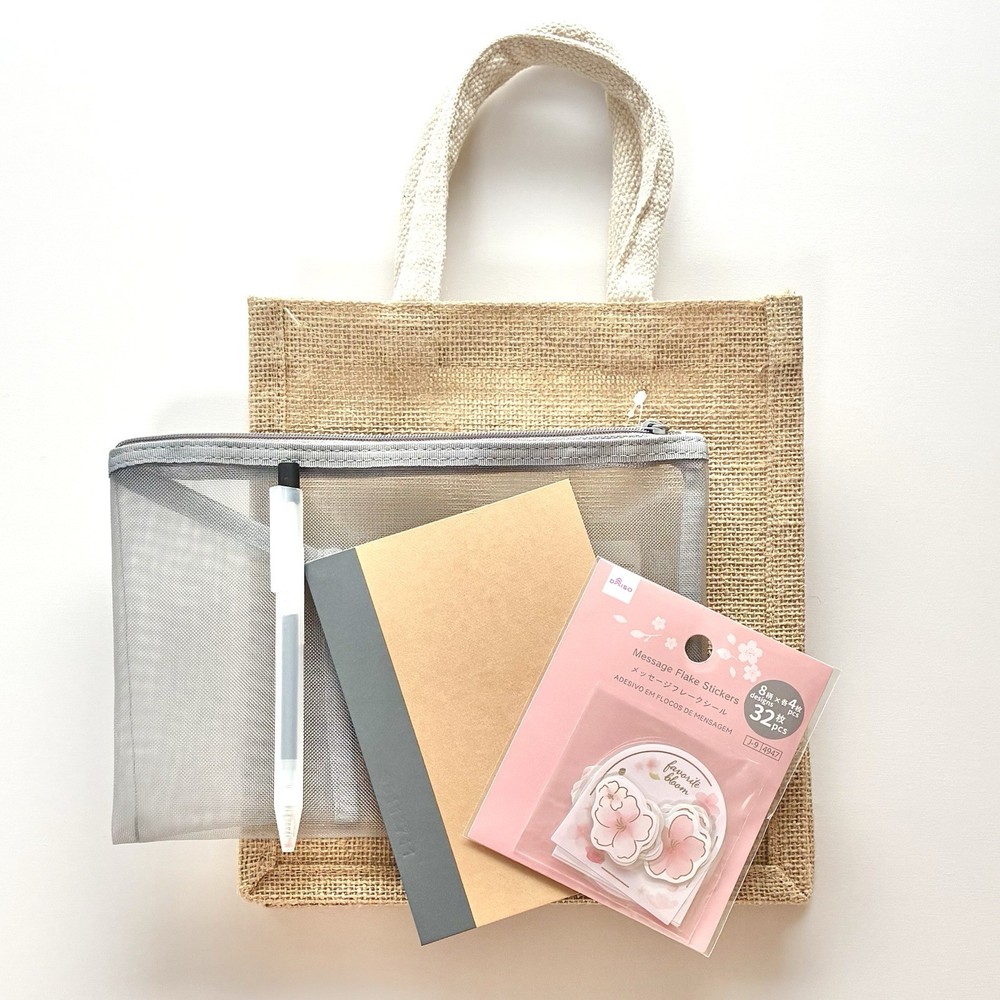 MUJI Sakura Jute Bag Nylon Mesh Case Gift Set A6 Mini Notebook Stationery Japan