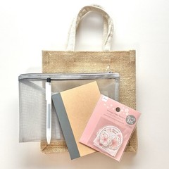 MUJI Sakura Jute Bag Nylon Mesh Case Gift Set A6 Mini Notebook Stationery Japan