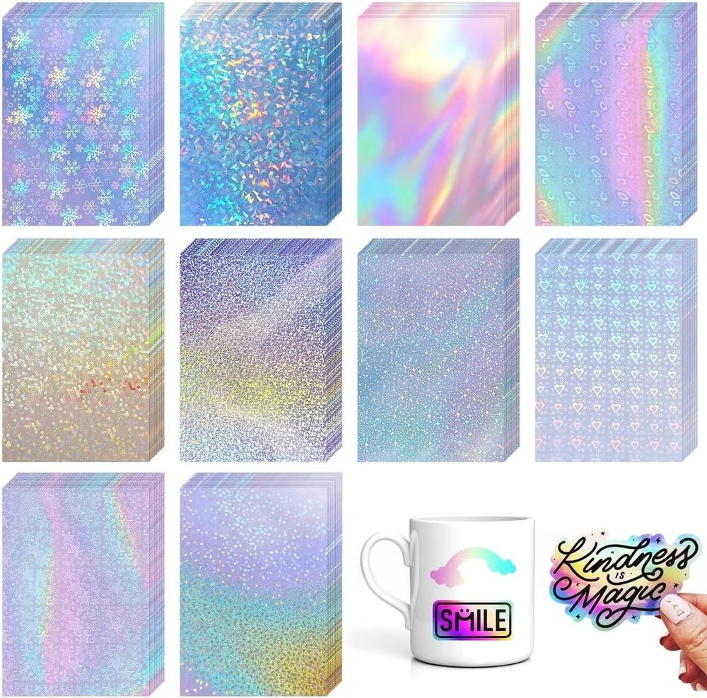100 Sheets Holographic Sticker Paper 8.3X11.7 Inch Clear Vinyl Self Adhesive Wat