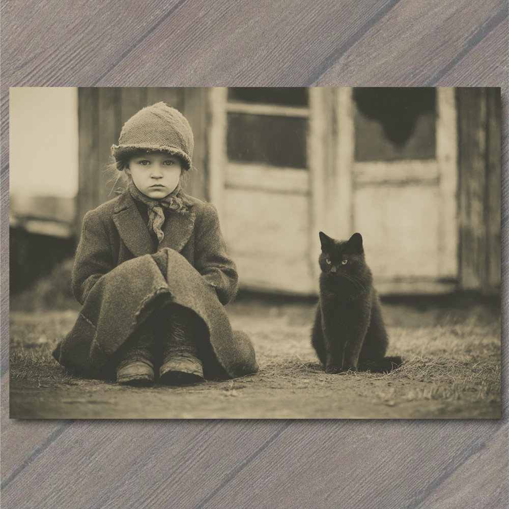 STICKER Girl Black Cat Barn Door Moody Sepia Rural Witchcore Halloween Aesthet
