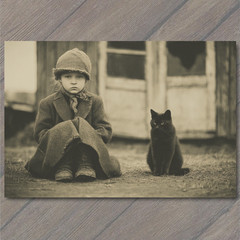 STICKER Girl Black Cat Barn Door Moody Sepia Rural Witchcore Halloween Aesthet