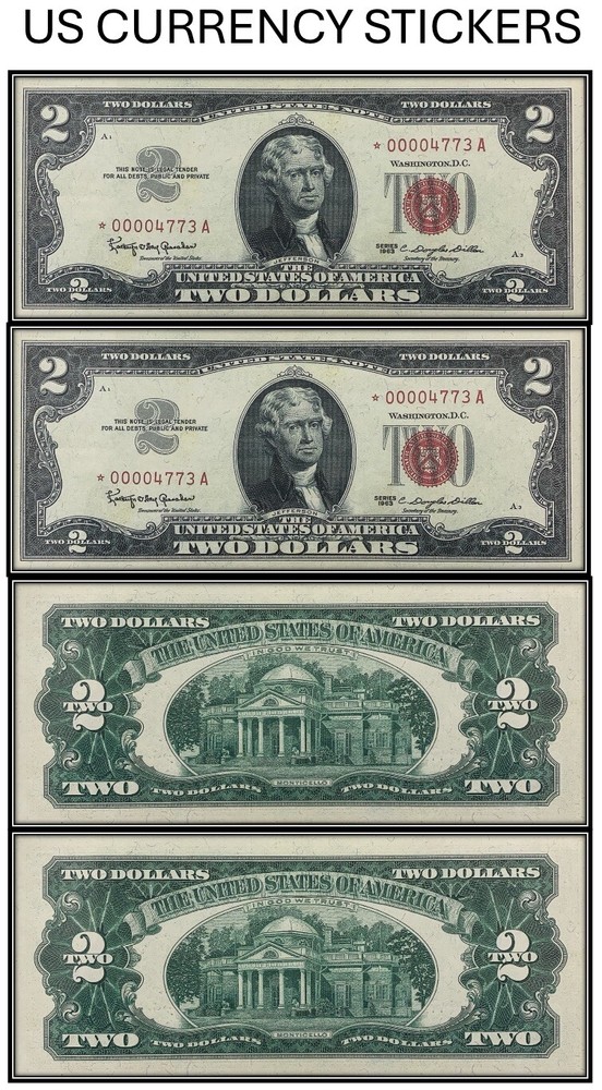 $2 Two Dollar 1963 Legal Tender Note (US CURRENCY STICKERS) (Lot Of 2)