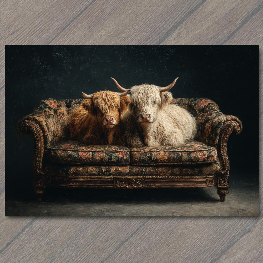 STICKER Highland Cows On Old Sofa Funny Farm Animal Rustic Humor Country West