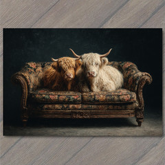 STICKER Highland Cows On Old Sofa Funny Farm Animal Rustic Humor Country West