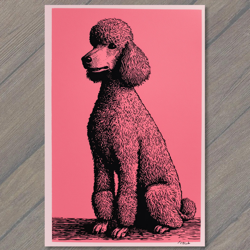 STICKER Poodle Pink Background Sitting Dog Black Line Art Retro Pop Graphic