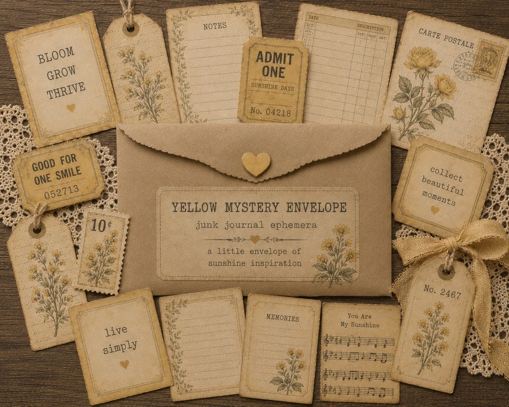 Mystery Junk Journal Ephemera Envelope Vintage Scraps, Tags, Tickets, Yellow