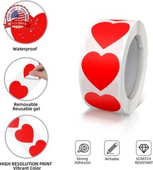 Red Heart Stickers Roll 1 Inch Valentine’s Day Love Shape Labels Waterproof Remo