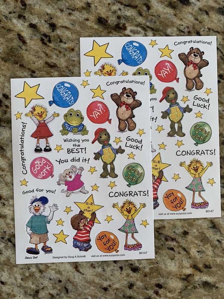 Suzy’s Zoo Stickers: 2 Sheets Multiple Characters Congratulations