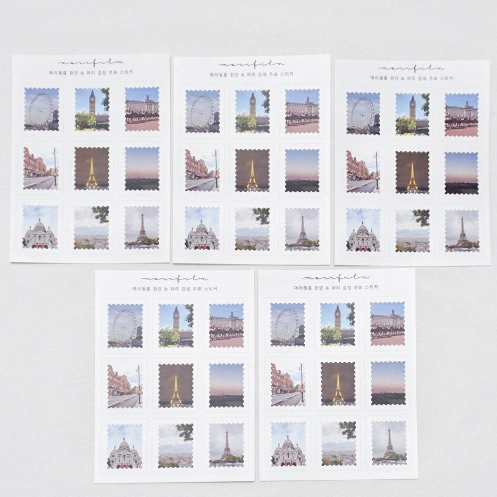 Paris London Postage Stamp Sticker 1Pack 5Sheets Bright Vivid Color Good Quality