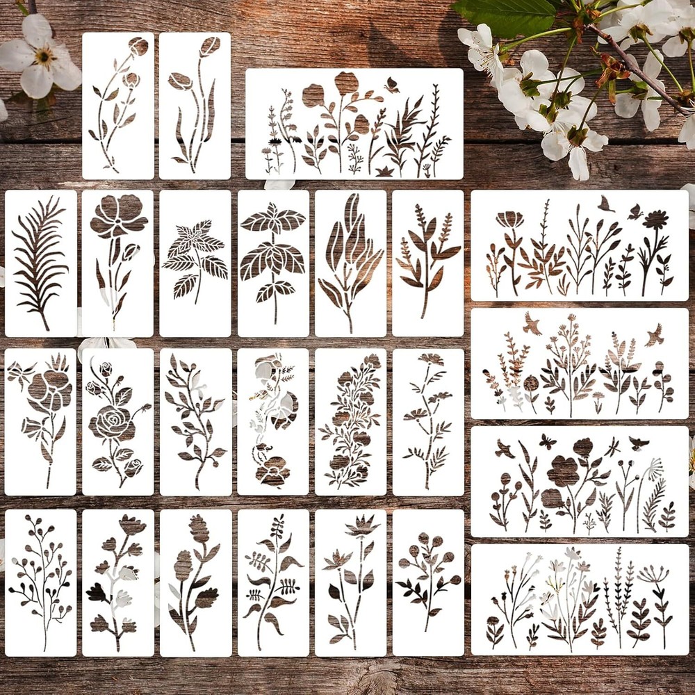 25 Sets Wildflower Stencils, Flowers Leaves Herbs Painting Stencils, 60 Pcs