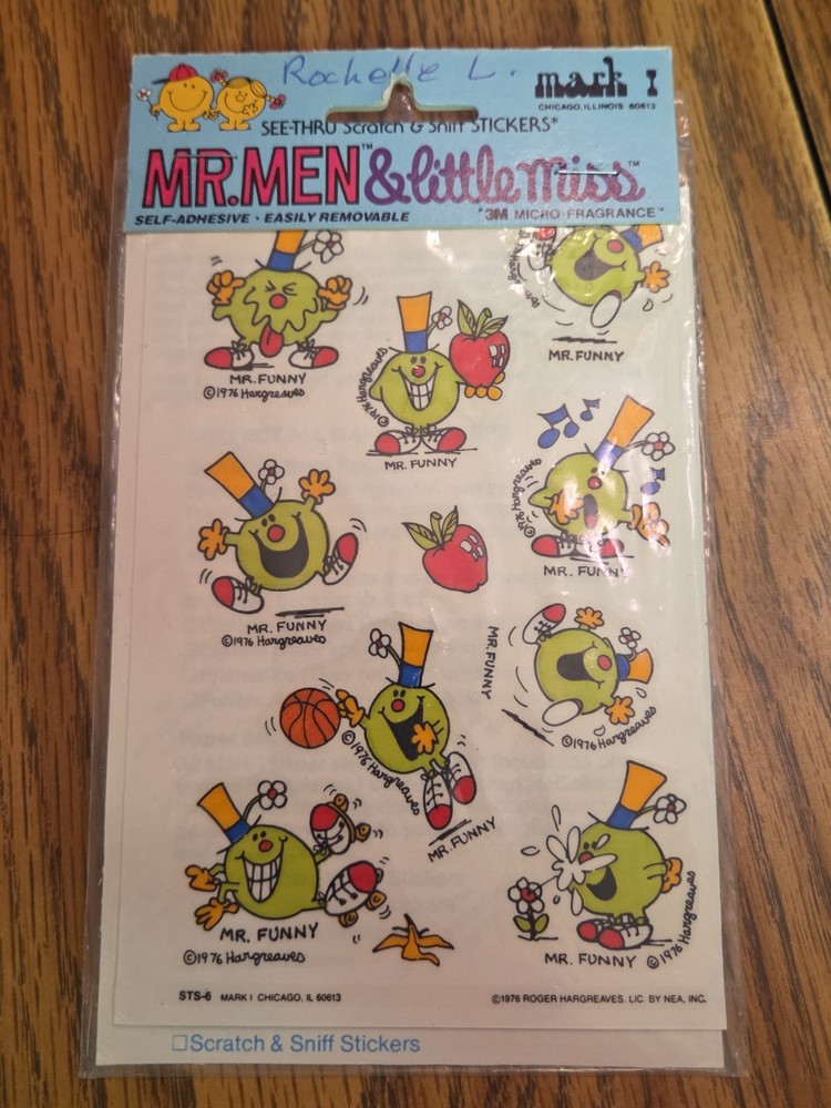 1976 SCRATCH N SNIFF MR. MEN AND LITTLE MISS STICKERS SEE THRU MARK 1 Mr. Funny