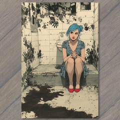 STICKER Blue Hair Girl Bathroom Bloody Floor Grimy Walls Red Hands Shadows