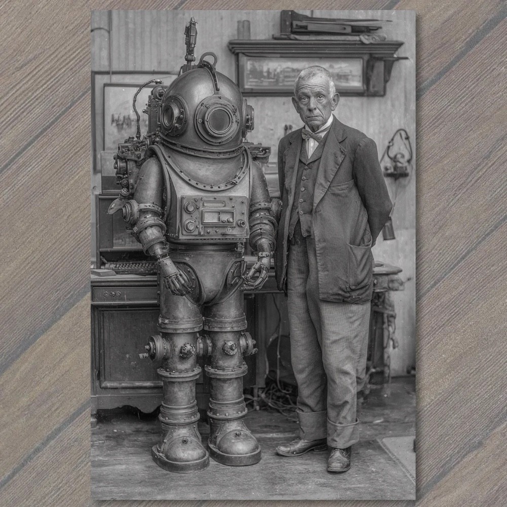 STICKER Retro Robot Diver Suit Inventor Workshop Black White SciFi Gadgeteer