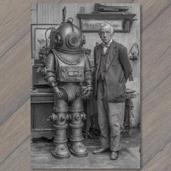 STICKER Retro Robot Diver Suit Inventor Workshop Black White SciFi Gadgeteer