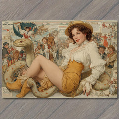 STICKER Cowgirl Reclines Yellow Skirt Giant Snake Circus Fair Crowd