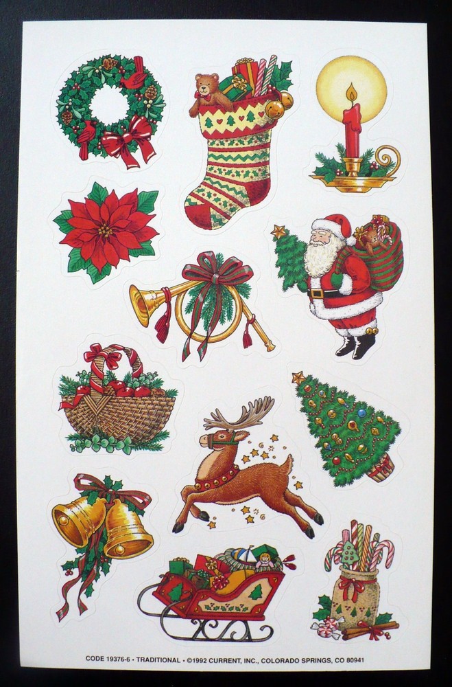 VINTAGE 1992 CURRENT 12 TRADITIONAL CHRISTMAS STICKERS 1 SHEET 5 3/4″ x 9″