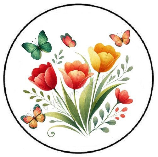 TULIPS AND BUTTERFLIES FLOWERS ENVELOPE SEALS LABELS STICKERS PARTY FAVORS