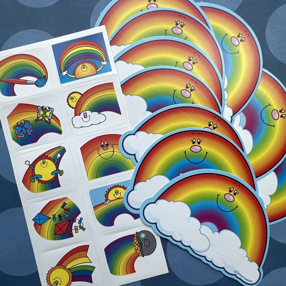 Vintage Carson Dellosa Rainbows Name Tag Bulletin Board Cutout & Stickers Lot
