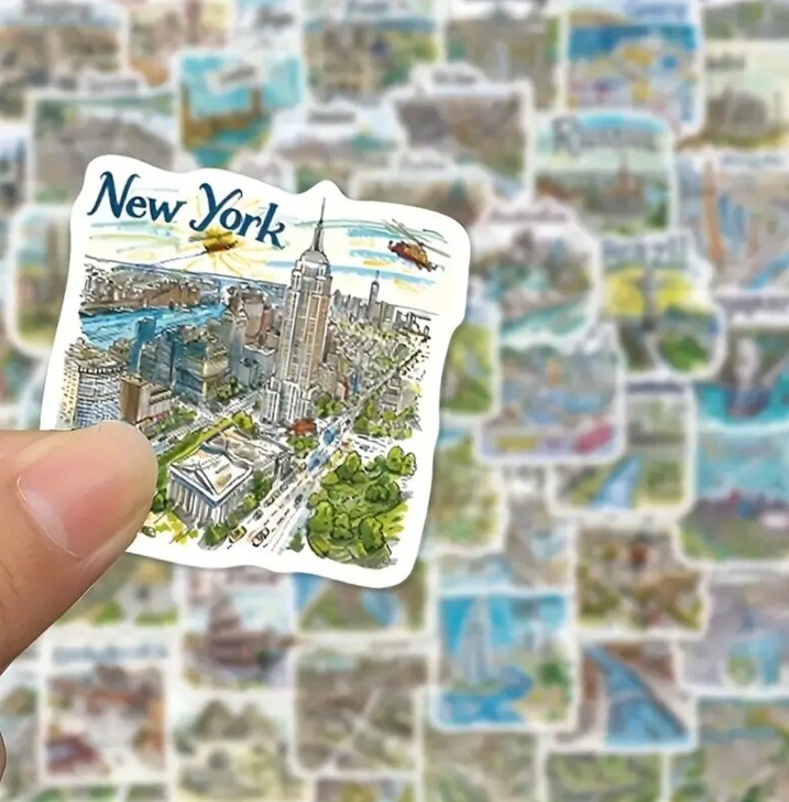 50pcs Hand Drawn Travel Map Stickers- Scrapbook, Journal, DIY Crafts & Cards