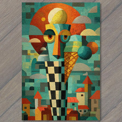 STICKER Surreal Ice Cream Cone Face Checkered Geometric Cubist Town Abstract S