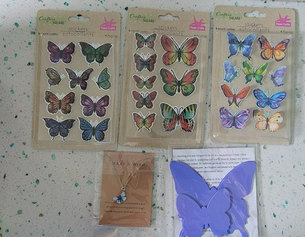 Crafter’s Square Butterfly Stickers Craft 48 total bonus butterfly necklace NEW
