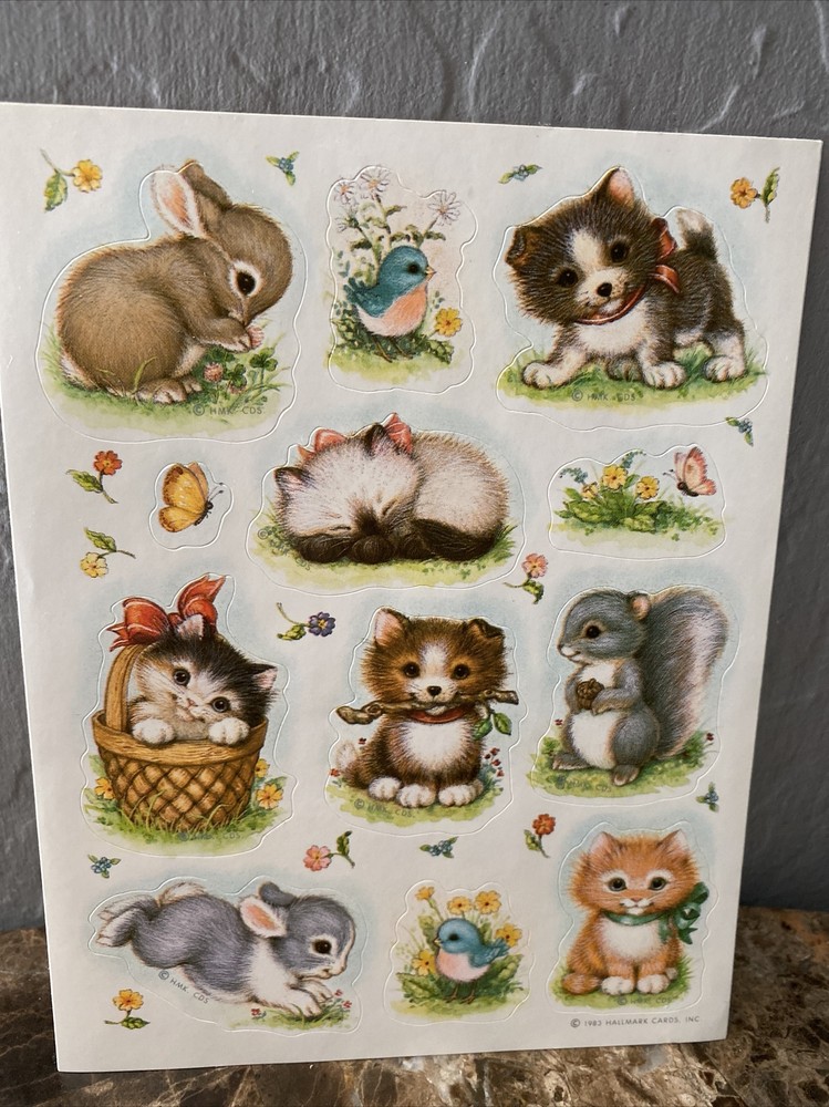 Hallmark Vintage 1983 Stickers Baby Animals Kitten Puppy Bunny Bird Butterfly’s