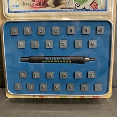 Lot of Melody Ross Chip Art Leather Metal Alphabet Stamps, Block, and Mallot
