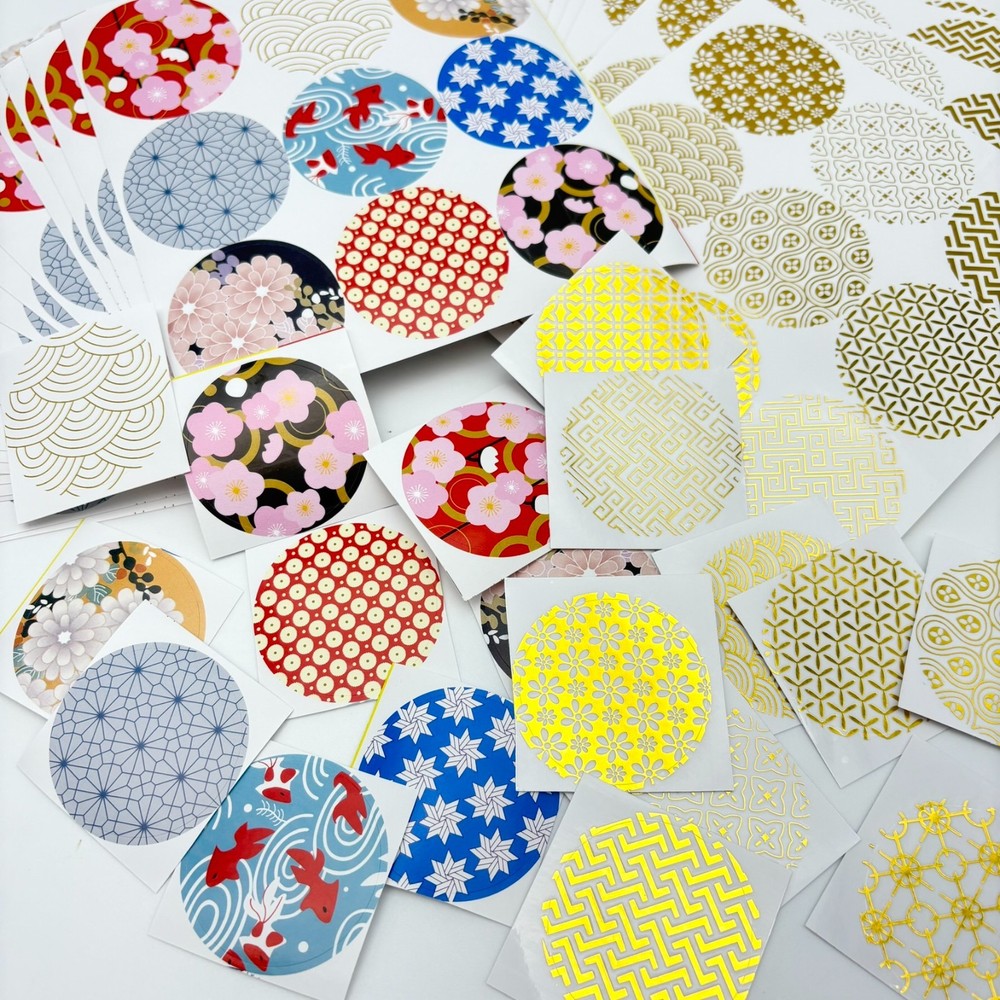 4pc Random Japanese Patterns Stickers Gold & Multicolor Kawaii Seal Japan