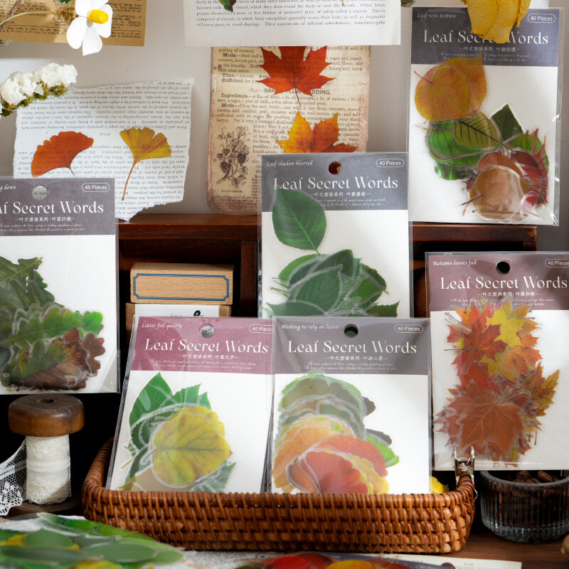 Dried Pressed PET Leaves Stickers 40PCS Maple Ginkgo Leaf Scrapbooking Diary DIY