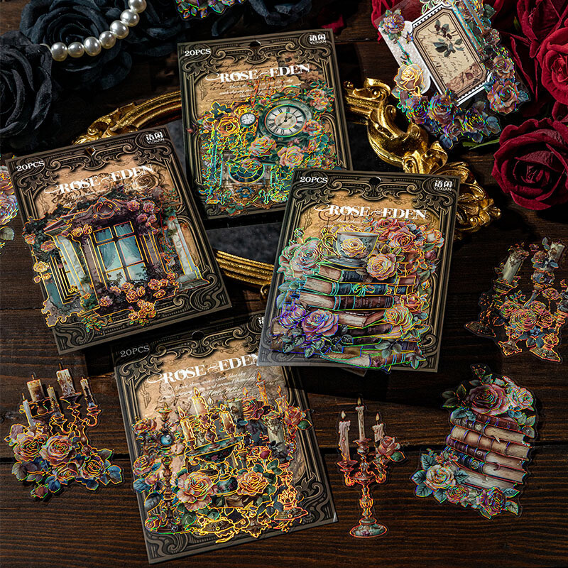 Vintage Rose Clock Window PET Foil Stickers Junk Journal Card Decorative Collage