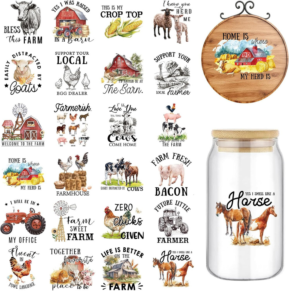 24 Sheets Farmhouse Rub on Transfer for Crafts Farm Animal Truck Words Rub on Tr