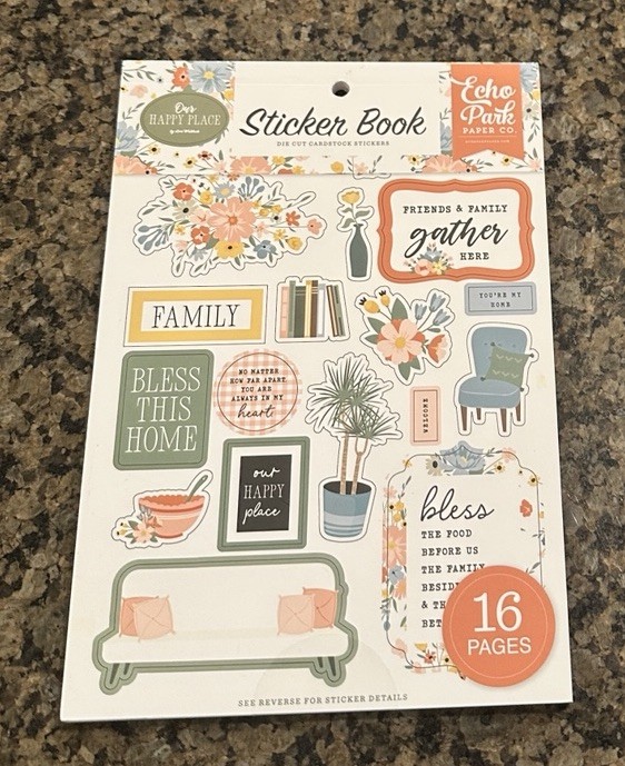 Echo Park OUR HAPPY PLACE Sticker Book 16 Pages Icons Letters Words Phrases