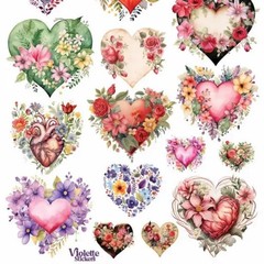Violette Stickers – Flower Hearts – 1 Floral Heart Sticker Sheet – Scrapbooking