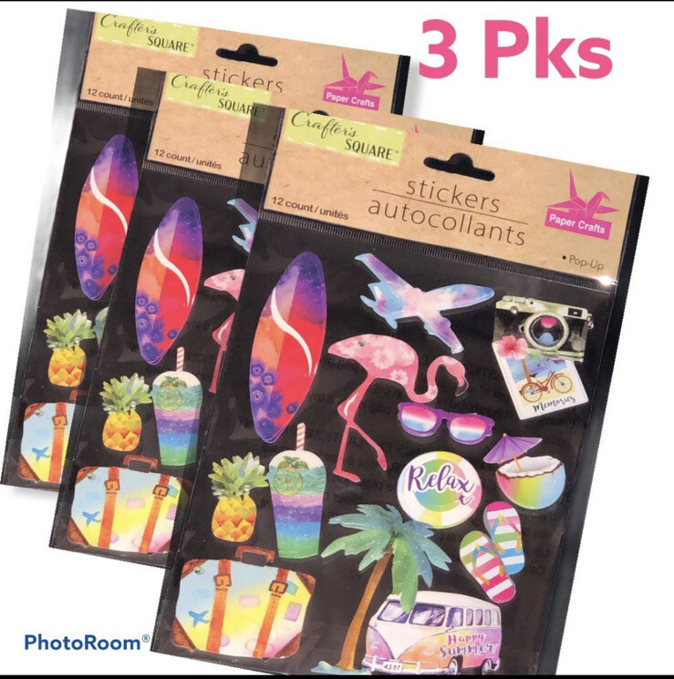 3 PAC New Jot Crafter’s Square Pop-Up Craft Stickers 36 Count Summer Beach Scene