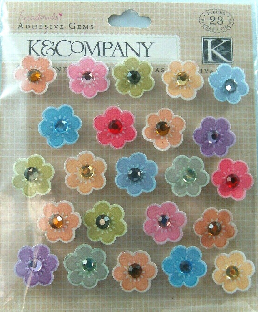 Flowers Pink Green Blue Purple Yellow Pastel Gems Handmade K&Co Stickers Craft