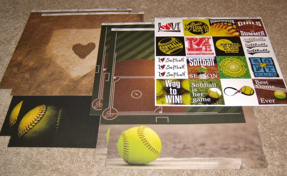Reminisce Design 12×12 Dbl. Sided Paper Lot(8) w/Sticker ~ Game Day….Softball